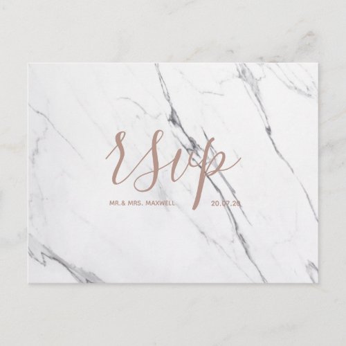 Wedding Rsvp card  White Rose Gold Marble Script