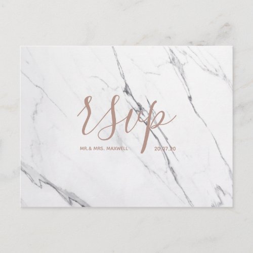 Wedding Rsvp card  White Rose Gold Marble Script