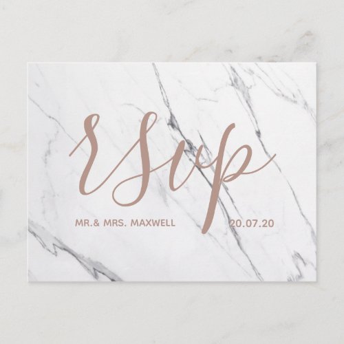 Wedding Rsvp card  White Rose Gold Marble Script