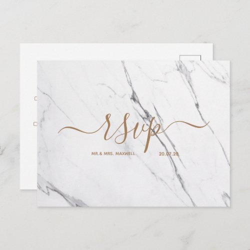 Wedding Rsvp card  White Rose Gold Marble Script