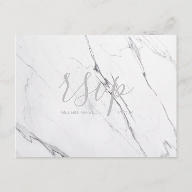 Wedding Rsvp card White Silver Gray Marble Script (Front)