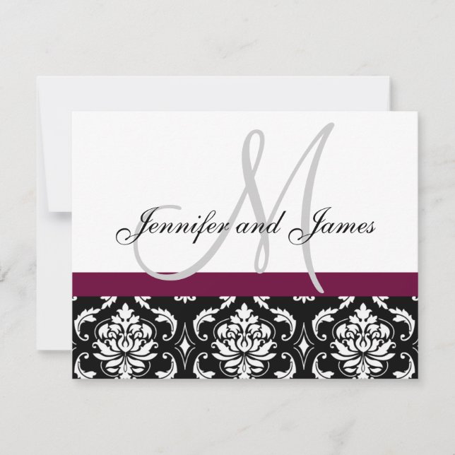 Wedding RSVP Card Wine Damask Monogram & Names (Front)