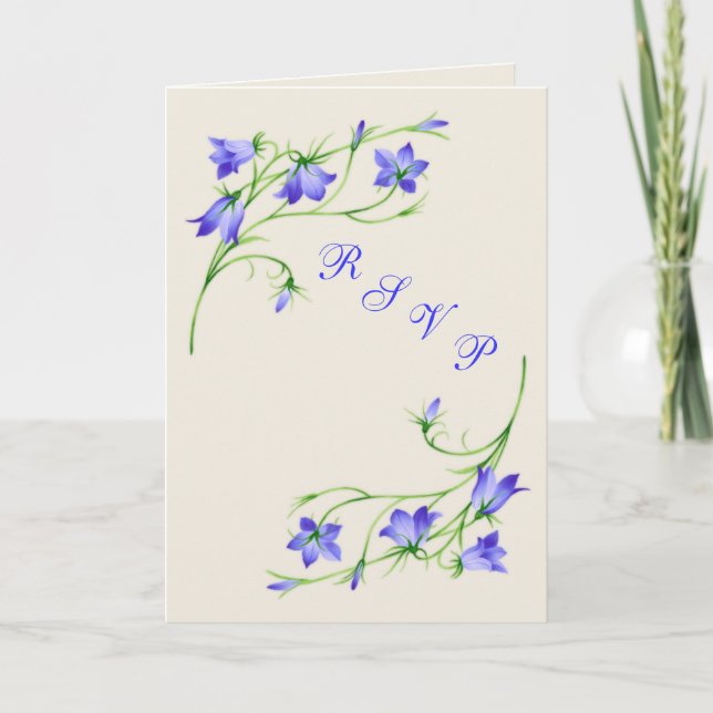 Wedding RSVP card with bluebell flowers. (Front)