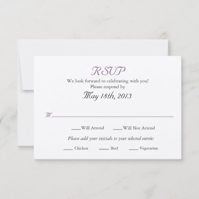 Wedding RSVP card with Entree selections (Front)