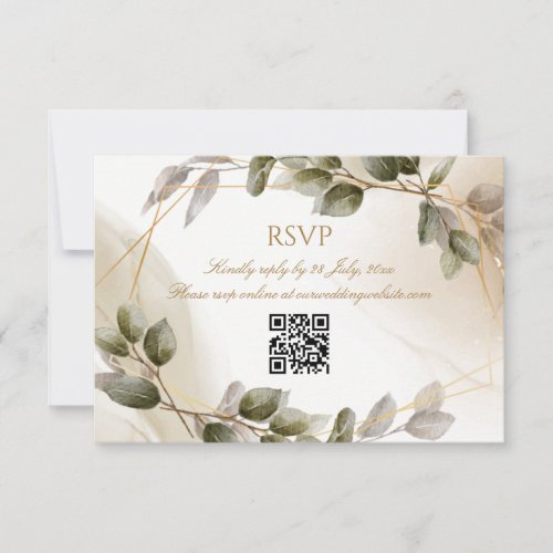 Wedding RSVP Card with QR Code Faux Gold Foliage