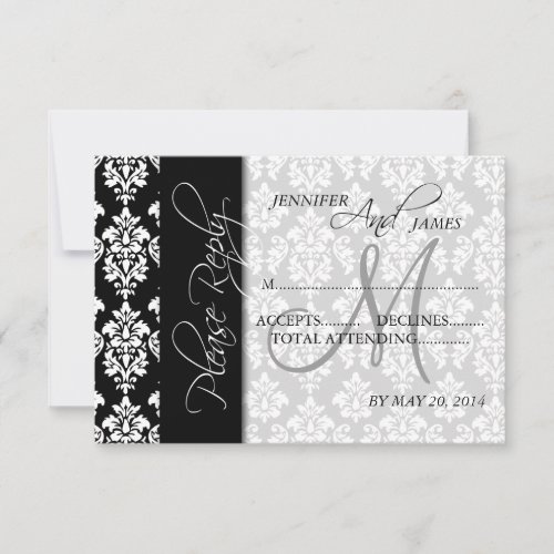 Wedding RSVP Cards Black Damask 2 Monogram Announcements