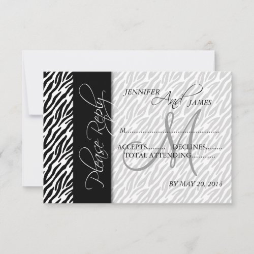 Wedding RSVP Cards Black Zebra Pattern Monogram