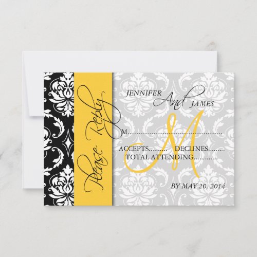 Wedding RSVP Cards Damask Monogram Yellow