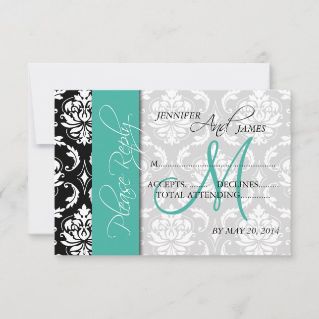 Wedding RSVP Cards Damask Turquoise Monogram (Front)