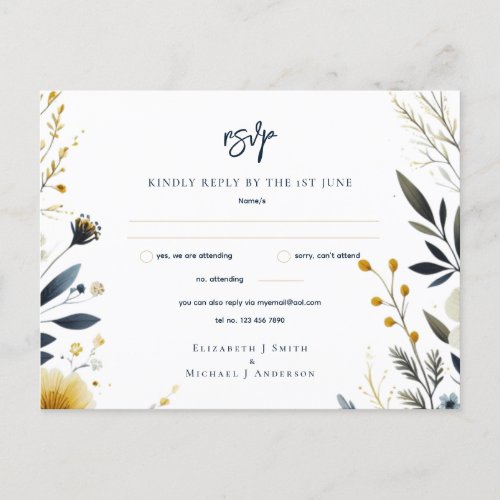 WEDDING RSVP CARDS  Navy Blue Yellow Gold Floral 