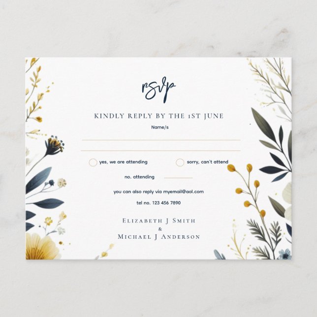 WEDDING RSVP CARDS | Navy Blue Yellow Gold Floral  (Front)
