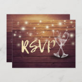Wedding RSVP Champagne Glasses Wood String Lights Invitation Postcard (Front/Back)