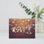 Wedding RSVP Champagne Glasses Wood String Lights Invitation Postcard (Standing Front)