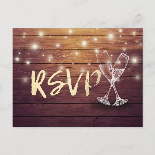 Wedding RSVP Champagne Glasses Wood String Lights Invitation Postcard (Front)