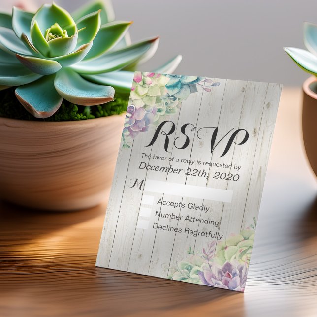 Wedding RSVP Chic Watercolor Succulent Rustic Wood (Creator Uploaded)