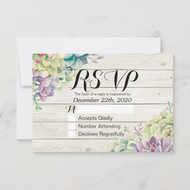 Wedding RSVP Chic Watercolor Succulent Rustic Wood Card (Front)