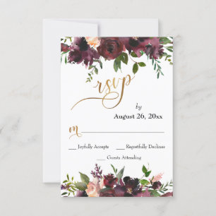 Wedding RSVP Deep Red Burgundy Floral Gold Script