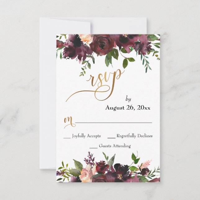 Wedding RSVP Deep Red Burgundy Floral Gold Script Card (Front)