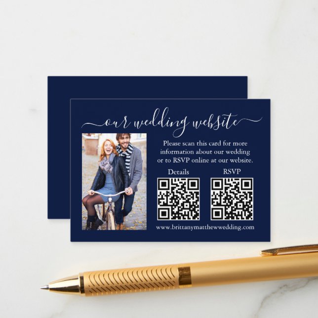 Wedding RSVP Details Photo 2 QR Blue Enclosure Card (Front/Back In Situ)