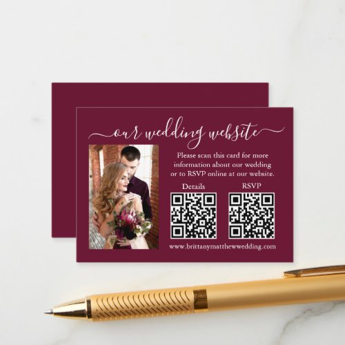 Wedding RSVP Details Photo 2 QR Burgundy Enclosure Card