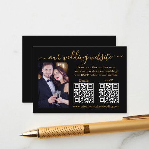 Wedding RSVP Details Photo 2 QR Gold Black Enclosure Card