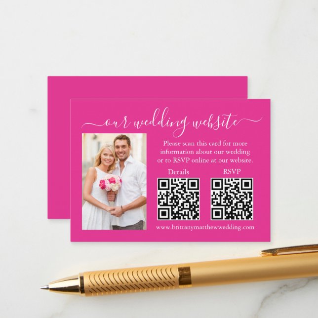 Wedding RSVP Details Photo 2 QR Hot Pink Enclosure Card (Front/Back In Situ)