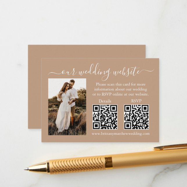 Wedding RSVP Details Photo 2 QR Taupe Enclosure Card (Front/Back In Situ)
