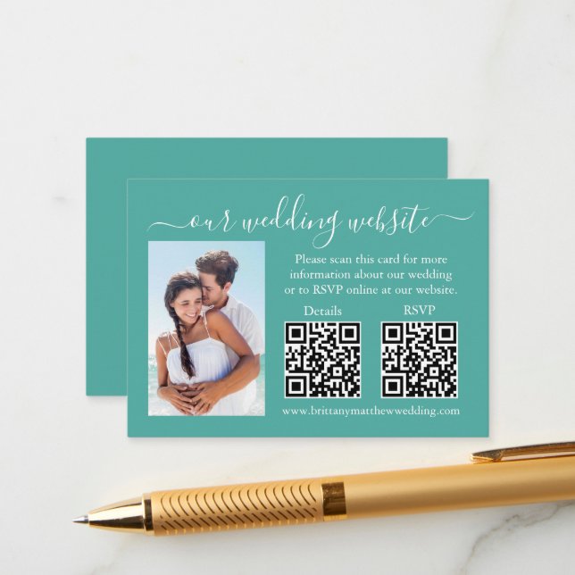 Wedding RSVP Details Photo 2 QR Teal Enclosure Card (Front/Back In Situ)