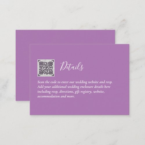 Wedding RSVP Details with QR CODE _ ANY COLOR Enclosure Card
