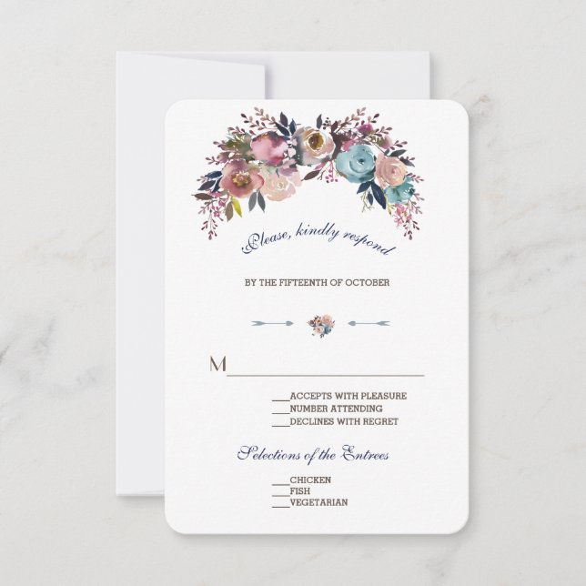 Wedding RSVP | Dusty Blue Misty Rose Bouquet Card (Front)
