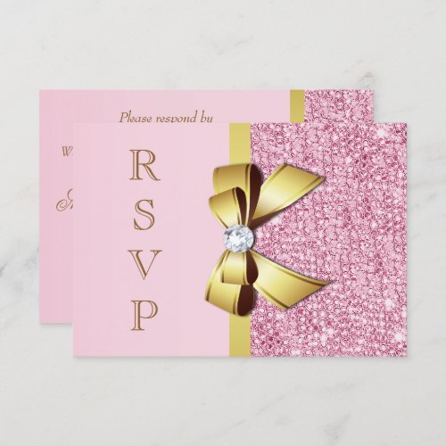 Wedding RSVP Faux Pink Sequins Gold Bow Invitation