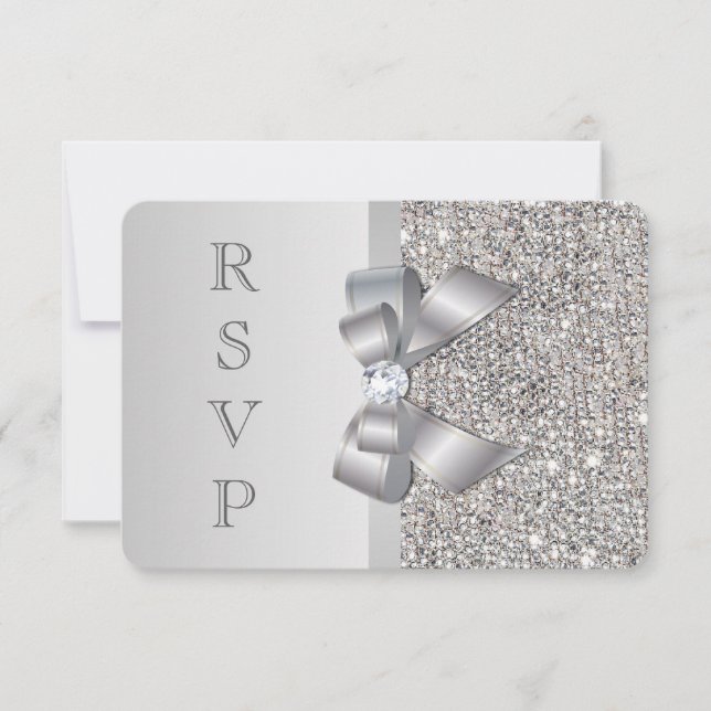 Wedding RSVP Faux Silver Sequins Bow Card (Front)