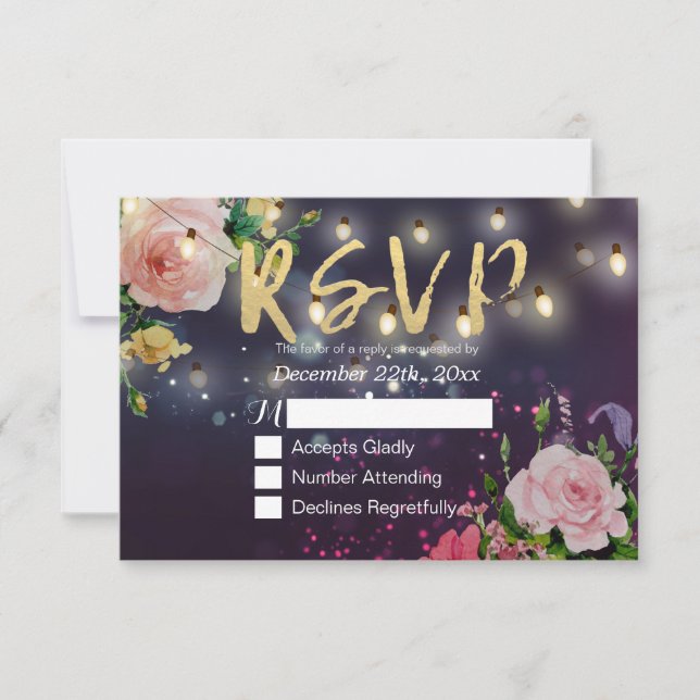 Wedding RSVP Floral Purple Sparkle String Lights (Front)