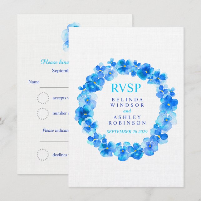 Wedding RSVP floral wreath pansy blue Invitation (Front/Back)
