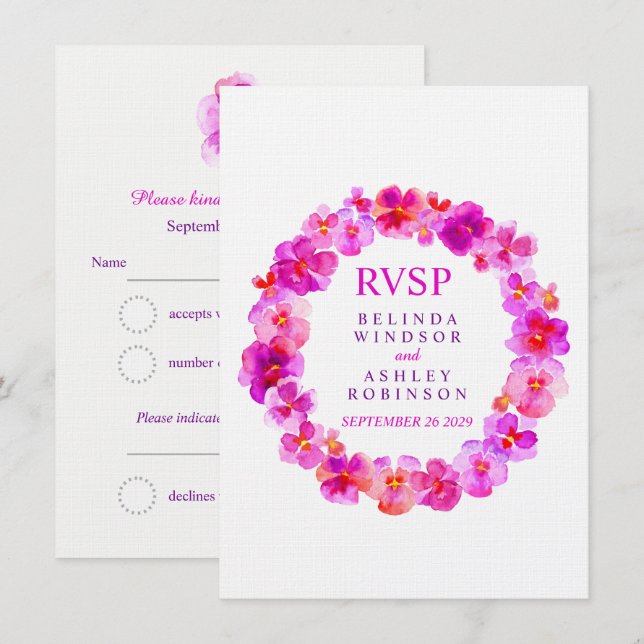Wedding RSVP floral wreath pansy pink Invitation (Front/Back)