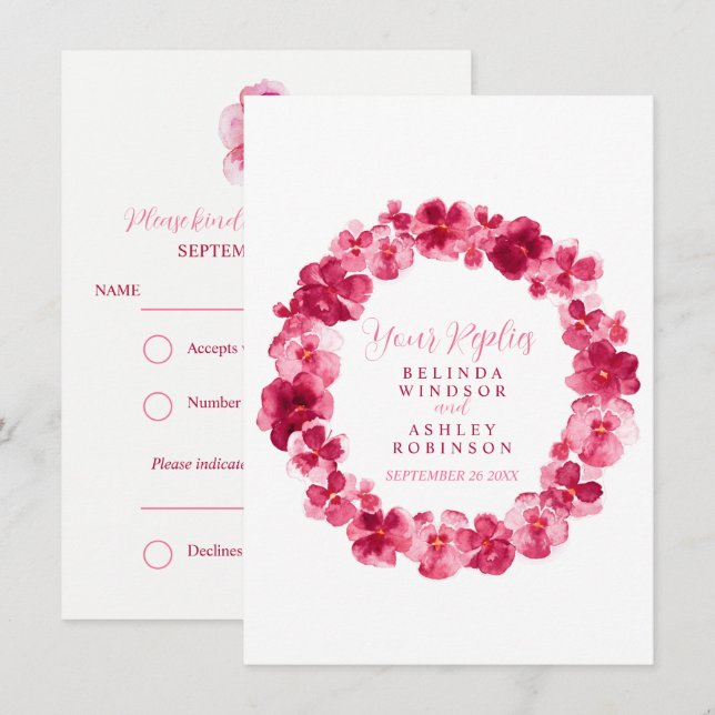 Wedding RSVP floral wreath pansy red Invitation (Front/Back)