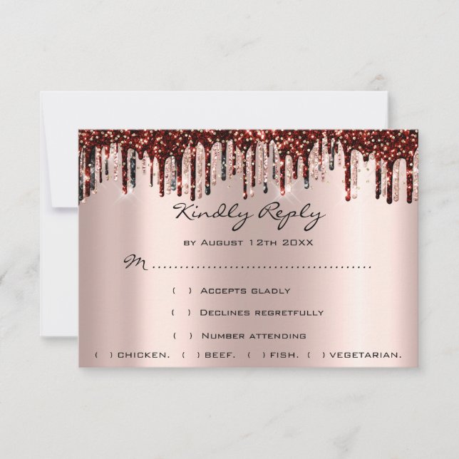 Wedding RSVP Gold Drips Burgundy Bridal Rose (Front)