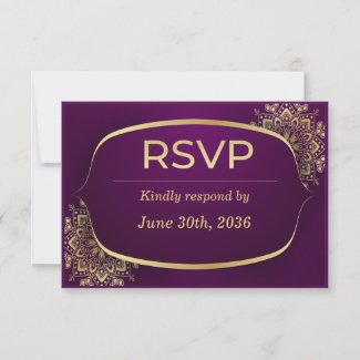 Wedding RSVP Gold Mandala on Purple Response Card