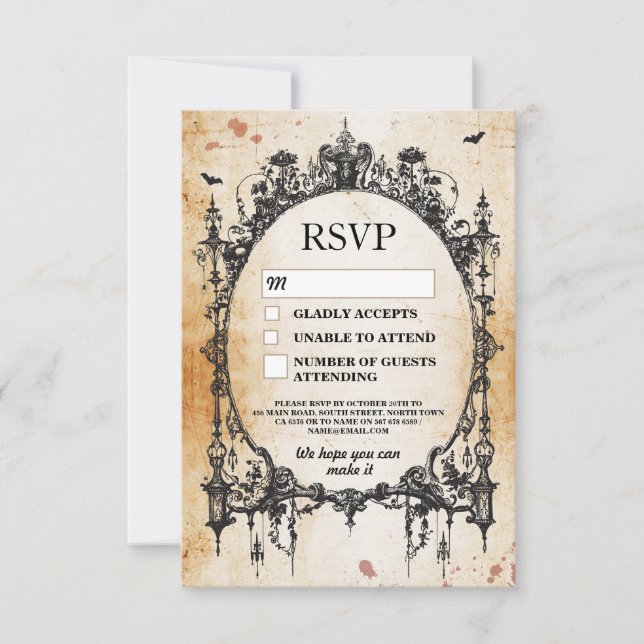 Wedding RSVP Gothic Frame Rustic Halloween Cards (Front)