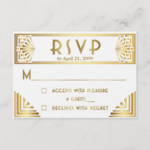 Wedding RSVP, Great Gatsby, gold on white