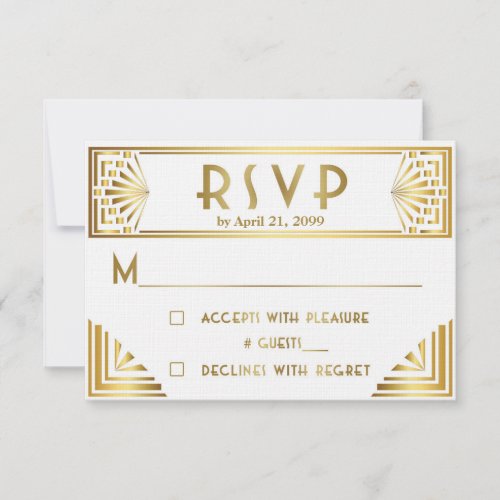 Wedding RSVP Great Gatsby gold on white RSVP Card