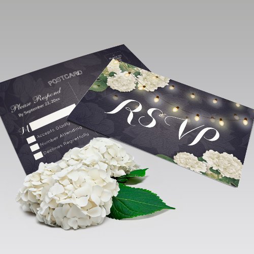 Wedding RSVP Hydrangea Flowers String Lights Blue Postcard