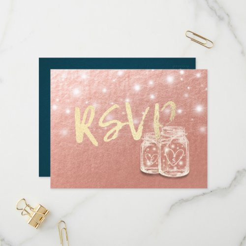 Wedding RSVP Mason Jar String Light Rose Gold Foil Invitation Postcard