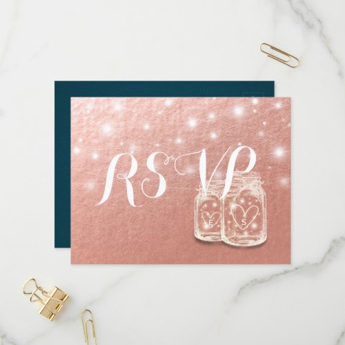 Wedding RSVP Mason Jar String Light Rose Gold Foil Invitation Postcard