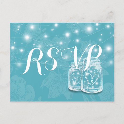 Wedding RSVP Mason Jars String Lights Blue Flowers Invitation Postcard