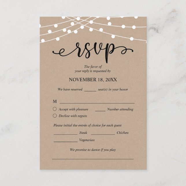 Wedding RSVP, Meal Options, Kraft String Lights Enclosure Card (Front)