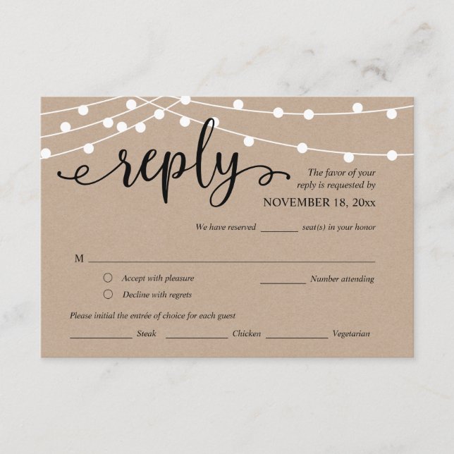 Wedding RSVP, Meal Options, Kraft String Lights Enclosure Card (Front)