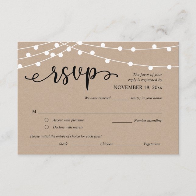Wedding RSVP, Meal Options, Kraft String Lights Enclosure Card (Front)