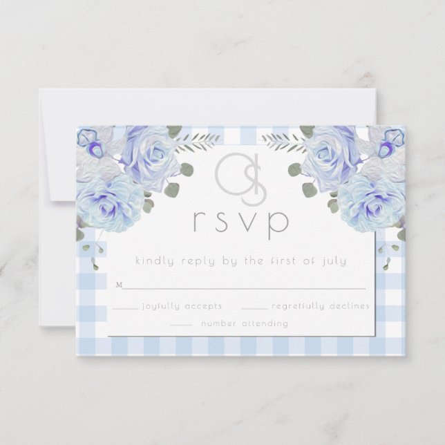 Wedding RSVP |  Monogram Blue Gingham Floral Card (Front)