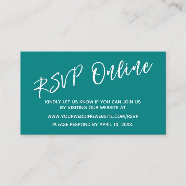 Wedding RSVP Online Casual Handwriting Teal Enclosure Card (Front)